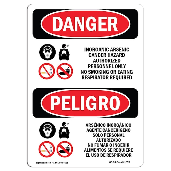 Safety Sign, OSHA, 24" Height, Rigid Plastic, Inorganic Arsenic Cancer Hazard Spanish